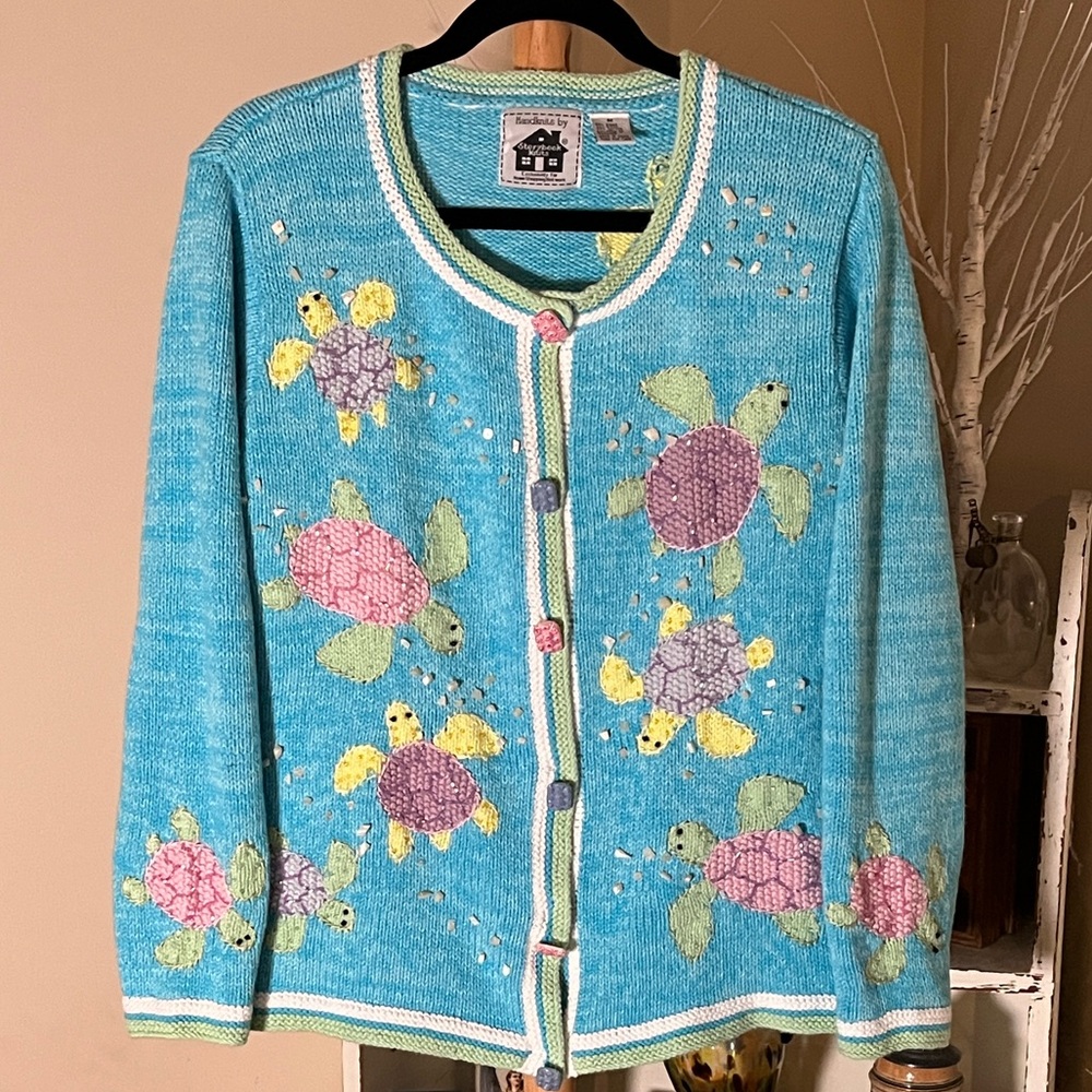 VTG Storybook Knits “Turtle Lagoon”Turquoise Embroidered/Crystal Beaded Cardigan